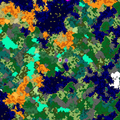 Predicted biome map of Java 1.16 seed -8184396988815888724 around estimated spawn