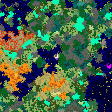 Predicted biome map of Java 1.16 seed -7972428220209651232 around estimated spawn