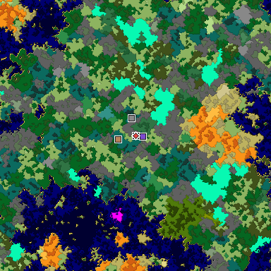 Predicted biome map of Java 1.16 seed 7520766688395371053 around estimated spawn