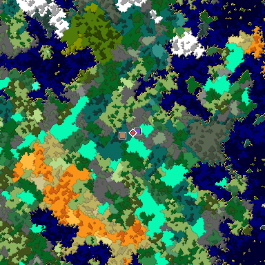 Predicted biome map of Java 1.16 seed 5492979852293313968 around estimated spawn
