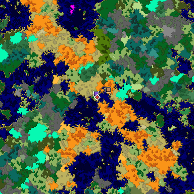 Predicted biome map of Java 1.16 seed -8489166436893695240 around estimated spawn