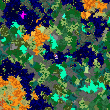 Predicted biome map of Java 1.16 seed 2850621069935421675 around estimated spawn