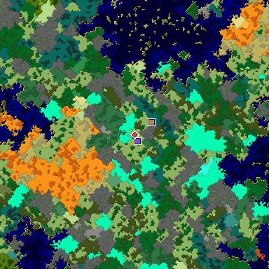 Predicted biome map of Java 1.16 seed -5856679231967682355 around estimated spawn