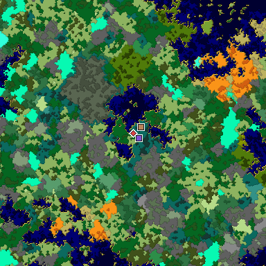 Predicted biome map of Java 1.16 seed 7499914855410231763 around estimated spawn
