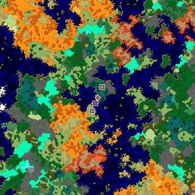 Predicted biome map of Java 1.16 seed 3418371368554961885 around estimated spawn