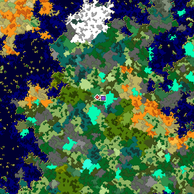 Predicted biome map of Java 1.16 seed 5685354356159020019 around estimated spawn