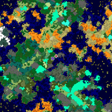 Predicted biome map of Java 1.16 seed -6248528876554808895 around estimated spawn