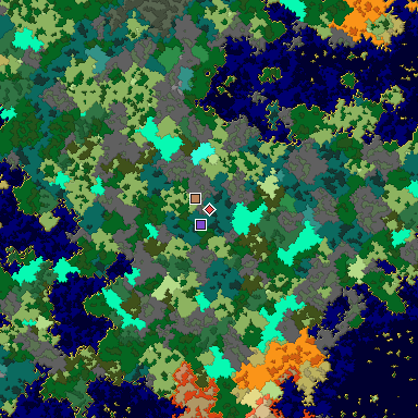Predicted biome map of Java 1.16 seed -7489014691606020763 around estimated spawn