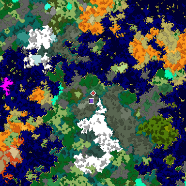 Predicted biome map of Java 1.16 seed -6763944902818365094 around estimated spawn