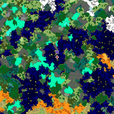 Predicted biome map of Java 1.16 seed -498627339060136906 around estimated spawn