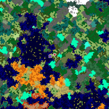 Predicted biome map of Java 1.16 seed 5488757629573463637 around estimated spawn
