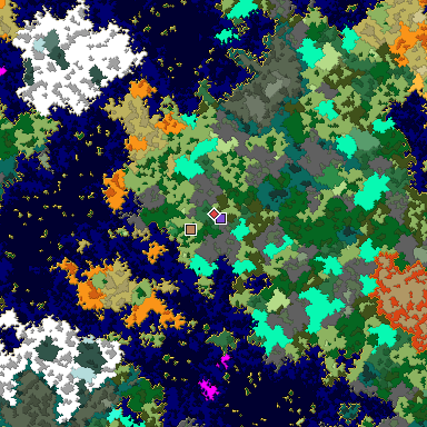 Predicted biome map of Java 1.16 seed -1112243872067385881 around estimated spawn