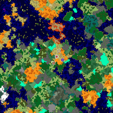 Predicted biome map of Java 1.16 seed 2740126192970135999 around estimated spawn