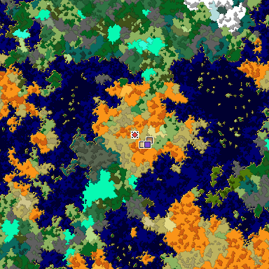 Predicted biome map of Java 1.16 seed -3625151162198305701 around estimated spawn