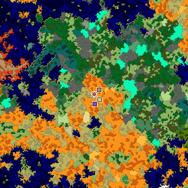 Predicted biome map of Java 1.16 seed 3279453859462227890 around estimated spawn