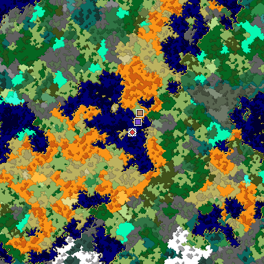 Predicted biome map of Java 1.16 seed 5368237159906825831 around estimated spawn