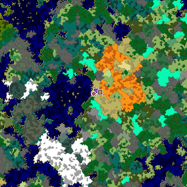 Predicted biome map of Java 1.16 seed 7077256585798772181 around estimated spawn