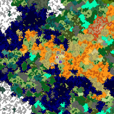 Predicted biome map of Java 1.16 seed -3702576361104057528 around estimated spawn
