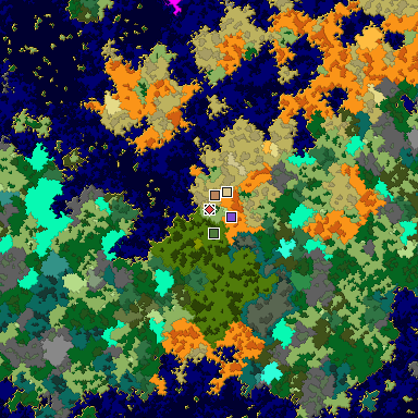 Predicted biome map of Java 1.16 seed 8702394183033493479 around estimated spawn