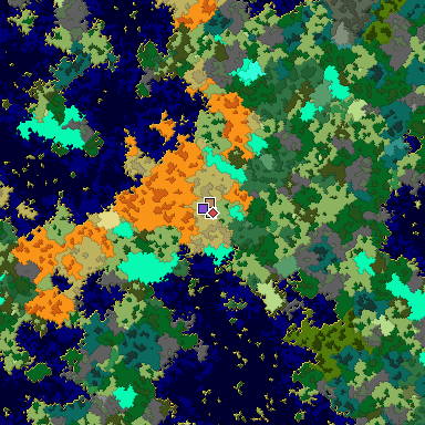 Predicted biome map of Java 1.16 seed -4373535065811228555 around estimated spawn