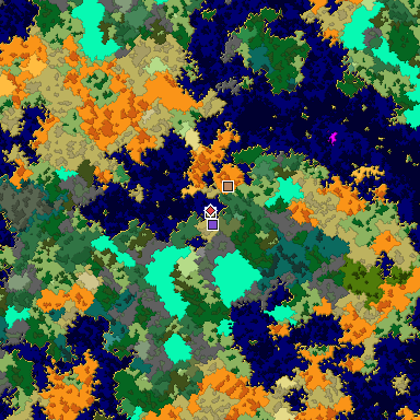 Predicted biome map of Java 1.16 seed -871683295914179628 around estimated spawn