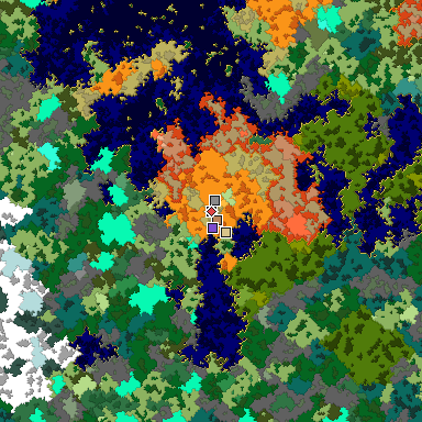 Predicted biome map of Java 1.16 seed -5672156300299589491 around estimated spawn