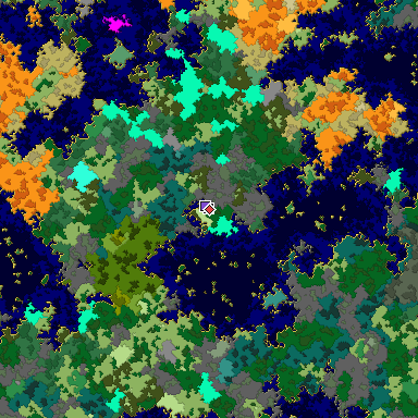 Predicted biome map of Java 1.16 seed -6733821660015042678 around estimated spawn