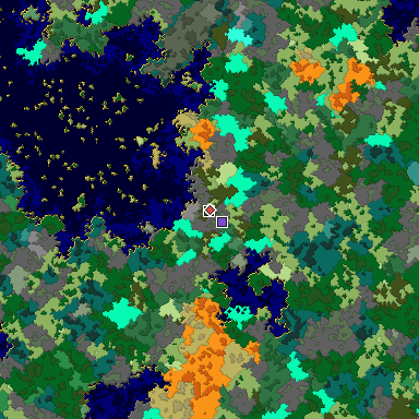 Predicted biome map of Java 1.16 seed -7304290377551852332 around estimated spawn