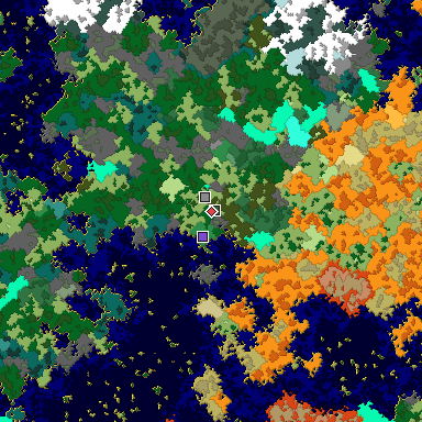 Predicted biome map of Java 1.16 seed 3982730434000547337 around estimated spawn