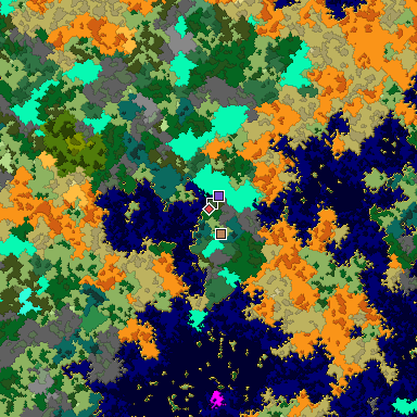 Predicted biome map of Java 1.16 seed -3660269888393530948 around estimated spawn