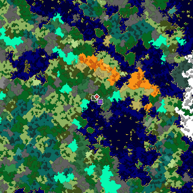 Predicted biome map of Java 1.16 seed -2722972094551916981 around estimated spawn