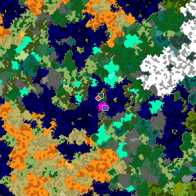 Predicted biome map of Java 1.16 seed -9074870152838868768 around estimated spawn