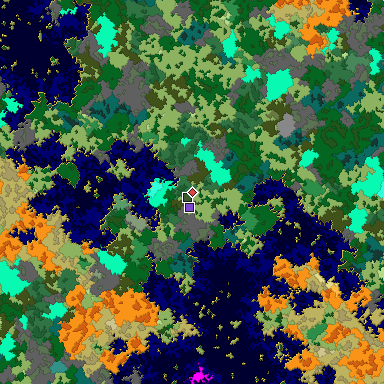 Predicted biome map of Java 1.16 seed -5435222735490690680 around estimated spawn