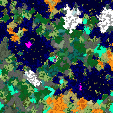 Predicted biome map of Java 1.16 seed 7367074450348545114 around estimated spawn