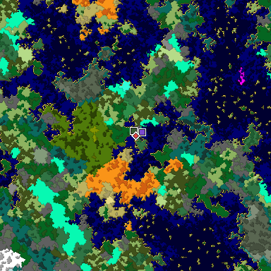 Predicted biome map of Java 1.16 seed -7454376141650404489 around estimated spawn