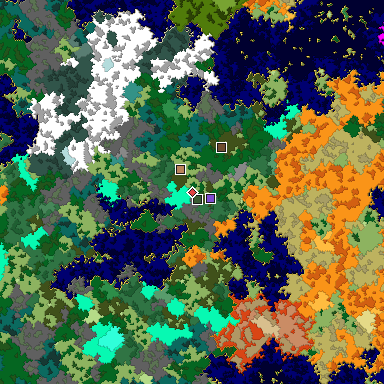 Predicted biome map of Java 1.16 seed 5240678514031210292 around estimated spawn