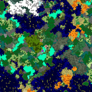 Predicted biome map of Java 1.16 seed 8758666319901481890 around estimated spawn