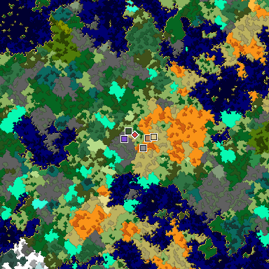 Predicted biome map of Java 1.16 seed 988517414439350348 around estimated spawn