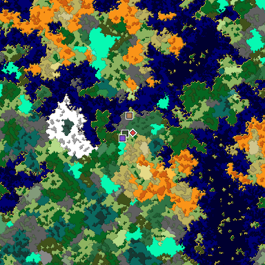 Predicted biome map of Java 1.16 seed 4821277195943443542 around estimated spawn
