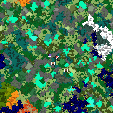 Predicted biome map of Java 1.16 seed 6485362784027477957 around estimated spawn