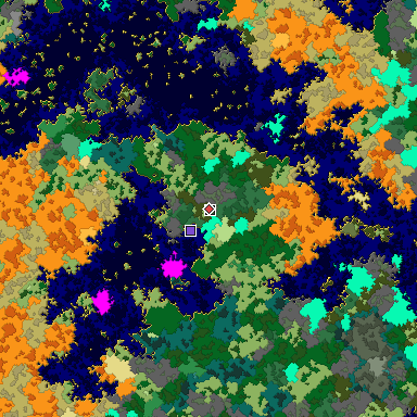 Predicted biome map of Java 1.16 seed 3253901367210917351 around estimated spawn
