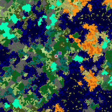 Predicted biome map of Java 1.16 seed 2414118556805775564 around estimated spawn