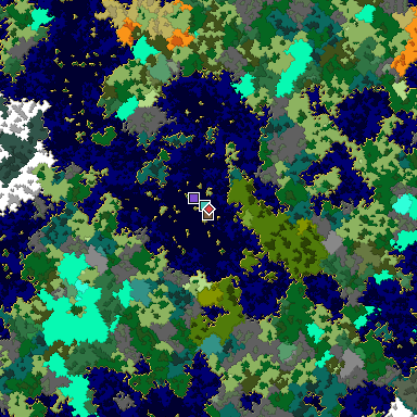 Predicted biome map of Java 1.16 seed 8696675300095104459 around estimated spawn