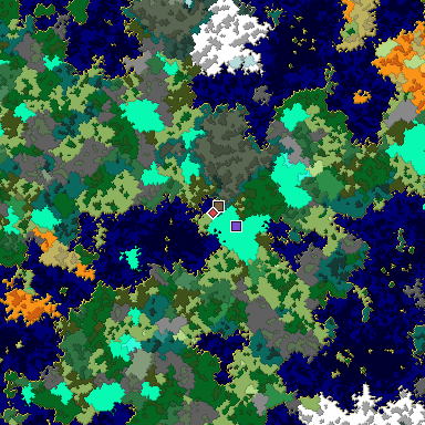 Predicted biome map of Java 1.16 seed -7264328235746333657 around estimated spawn