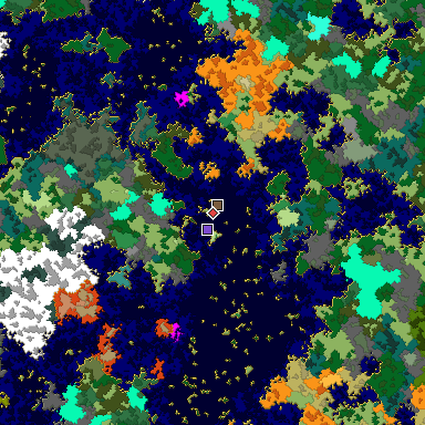 Predicted biome map of Java 1.16 seed 7168945540005595430 around estimated spawn