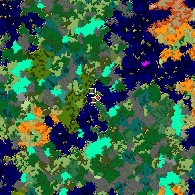 Predicted biome map of Java 1.16 seed 6283901624038332600 around estimated spawn