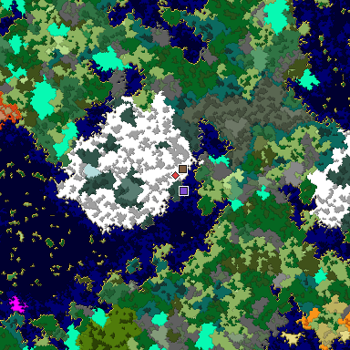 Predicted biome map of Java 1.16 seed -2740826485962013551 around estimated spawn