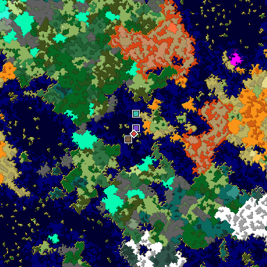 Predicted biome map of Java 1.16 seed -7374736643220592411 around estimated spawn