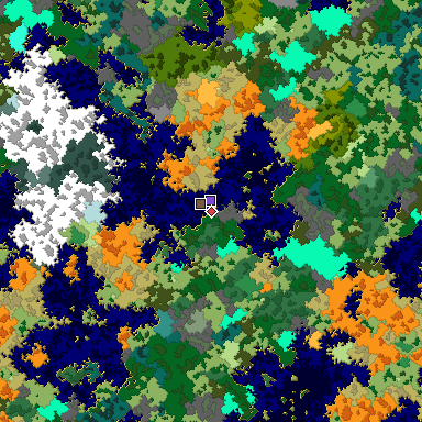 Predicted biome map of Java 1.16 seed 3493484654264079014 around estimated spawn