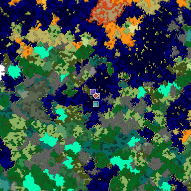 Predicted biome map of Java 1.16 seed -2605224986415672392 around estimated spawn